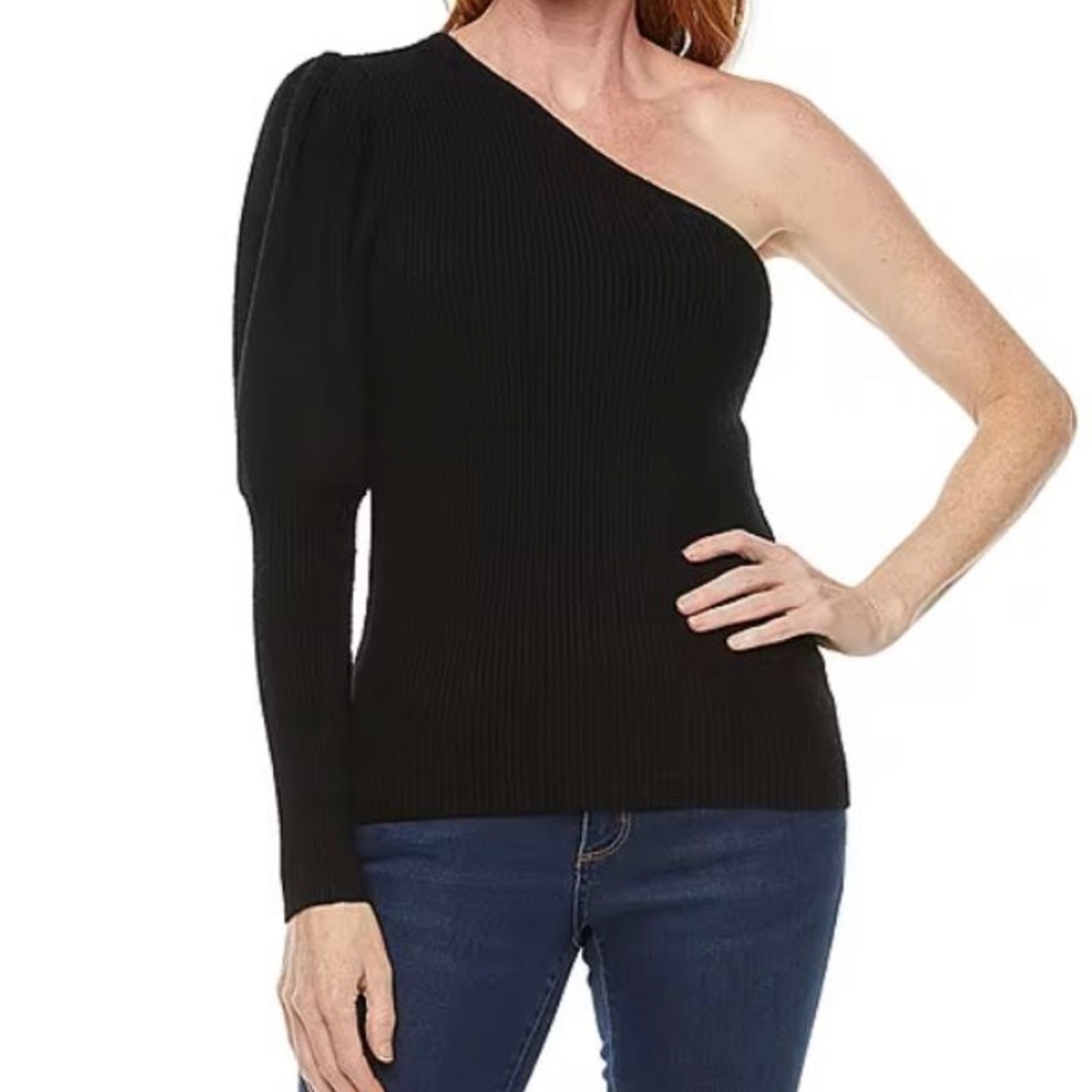 NWT Womens Black One Shoulder Asymmetrical Neck Pullover Sweater - Size Small